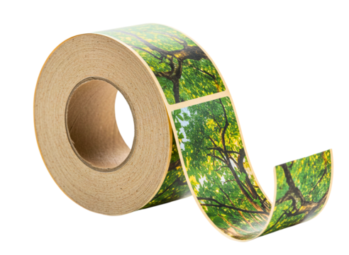 Roll of blank green labels isolated on transparent background