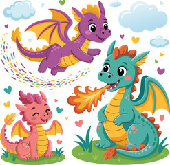 Obraz premium Cartoon Dragons Grouped Together, Including a Dragon Breathing Fire, Surrounded by Hearts and Clouds Design