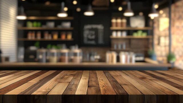Wooden table surface with blurred coffee shop background warm cozy interior perfect for product display food presentation warm lighting creating inviting atmosphere indoors cafe setting