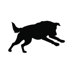 A black silhouette of a dog running quickly to the right side