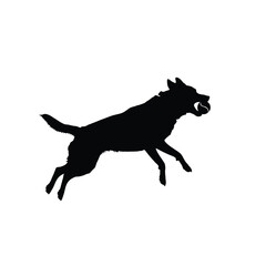 a black silhouette of a dog running with a ball in its mouth quickly