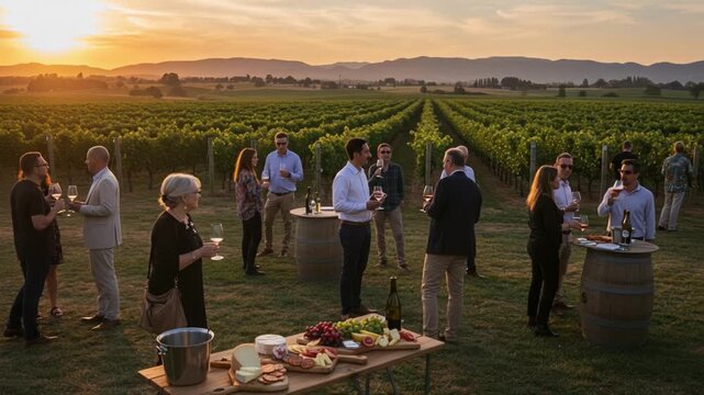 An Elegant Gathering Amidst Lush Vineyards at Sunset: A Taste of Fine Wines and Gourmet Delights in a Picturesque Outdoor Setting
