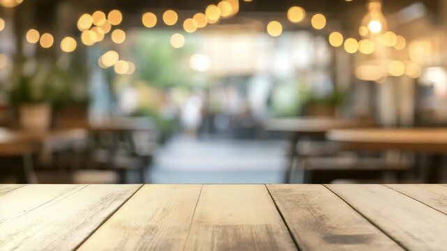 Wooden table surface with warm blurred bokeh light background creating cozy indoor and outdoor atmosphere perfect for dining gathering or relaxing in rustic vintage setting