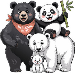 Obraz premium Cartoon Illustration Black Bear with Welcome Home Bandana, Panda with Bamboo, Polar Bears