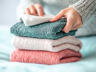 Neatly Stacked Colorful Sweaters for Cozy Wardrobe in Soft Natural Light