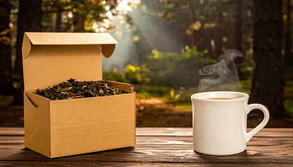 Kraft Paper Tea Box with Loose Leaf Tea and White Mug on a background, Generated with AI.