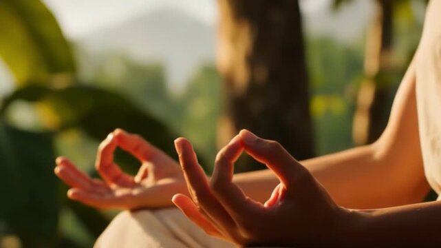 Tranquil meditation with hand mudras in sunlit forest setting