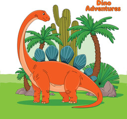 Cartoon Orange Brachiosaurus Dinosaur Near Palm Trees and Cactus Plants in a Green Field