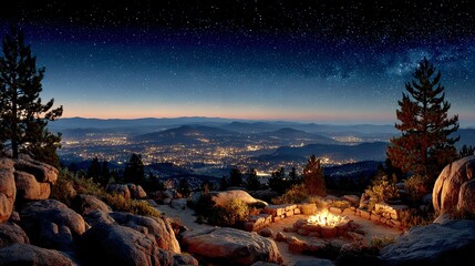 At the outdoor campsite at dusk, under the starry night sky, the bonfire blazes, evoking an adventure in the outdoors