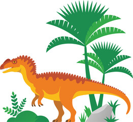 Cartoon Orange Allosaurus Dinosaur Standing Near Palm Trees and a Rock in a Prehistoric Landscape