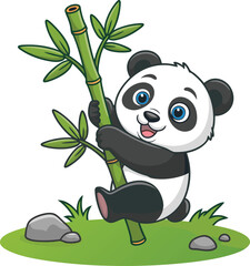 Cartoon Panda Cub Climbing Bamboo Tree on Green Grassy Patch Illustration Stock