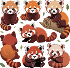 Cartoon Red Panda Illustrations Cute Red Pandas Posing and Resting, Isolated on White