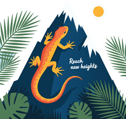 Cartoon Salamander Climbing Mountain with Palm Leaves and Sun, Motivation to Reach Heights