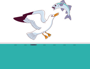 Cartoon Seagull Flying Above Water with Fish, Orange Beak, Gray and White Plumage
