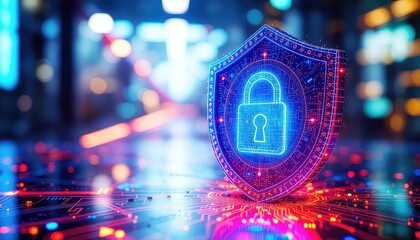 Digital shield padlock glowing with data protection against cyber attacks and online security breaches for safe internet browsing