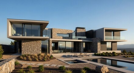 Obraz premium Contemporary Stone Clad Home with Outdoor Pool and Geometric Design