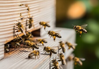 Honeybees flying to and from a wooden beehive on a sunny day