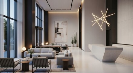 Luxurious interior of a modern building lobby, featuring a contemporary reception area and a sophisticated lounge