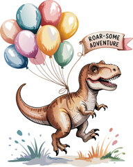 Cartoon Tyrannosaurus Rex with Balloons and RoarSome Adventure Banner Ready for Fun