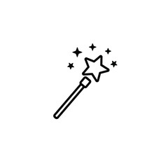 A black line drawing of a magic wand with a star and sparkles