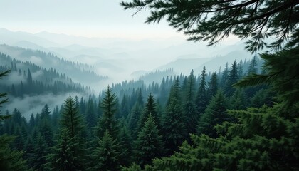 Fototapeta premium Misty layered mountain ridges covered with thick green pine forests and trees creating a cool serene landscape