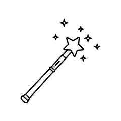 A black and white illustration of a magic wand with sparkling stars around it
