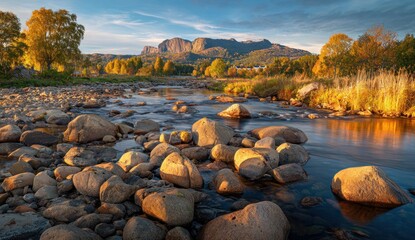 Rocky river flowing toward distant mountains under a partly cloudy blue sky, with autumn trees lining the banks