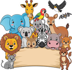 Cartoon Zoo Animals Holding a Blank Beige Sign Lion, Elephant, Giraffe, and Many More!