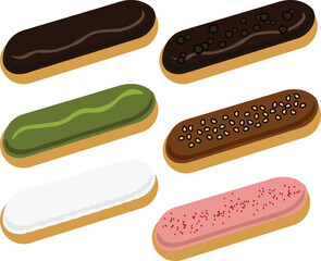Vector illustration of assorted colorful eclairs with different toppings and flavors. Set includes chocolate, matcha green tea, vanilla, strawberry, and sprinkled varieties.