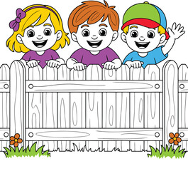 Cheerful Cartoon Children Peeking Over White Picket Fence with Grass and Flowers