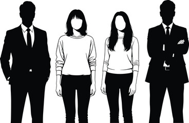 Business silhouettes, corporate teamwork, professional people, faceless characters, diversity in workplace, black and white vector, group collaboration, office illustration, leadership, abstract 