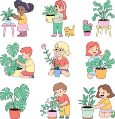 Children Caring for Potted Plants and Flowers, Gardening Activities for Kids Illustration