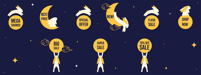 Mid Autumn festival Sale Sticker set. Vector rabbit with fullmoon and Sale text. Special offer mega savings and shop now Sticker collection. EPS 10