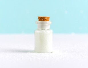 Small glass bottle with cork lid filled with white glitter sits on a bed of snow-like glitter