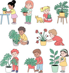Children Gardening with Potted Plants Cartoon Illustration Featuring Diverse Kids and Various Potted Plants