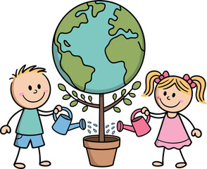 Children Watering Earth Tree Illustration Cartoon Boy, Girl Caring for Environment in Flower Pot