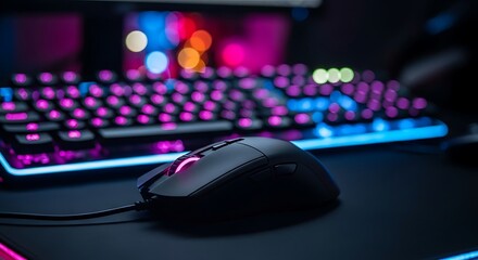 Close up of a gaming keyboard and mouse with colorful backlighting