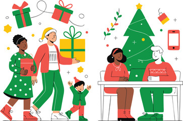 Christmas Celebration with Diverse Family, Gifts, Tree, and Technological Decorations Illustrated in
