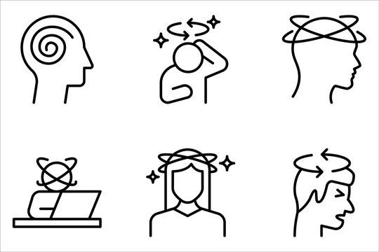 Dizziness icon set, headache person, feeling dizzy, vertigo discomfort, editable stroke vector icon on white background