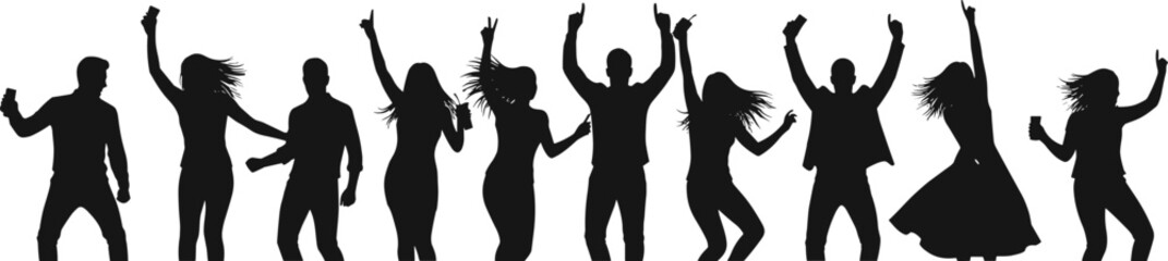 Group party dance silhouette, young people dancing, music celebration crowd, night club entertainment, festival fun, energetic motion, lifestyle event illustration