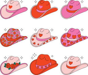 Collection of Pink and Orange Cowboy Hats with Hearts and Sparkles Illustration