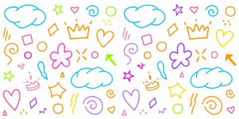 Assorted colorful hand drawn icons like clouds hearts stars and crowns on white background