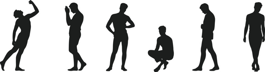 Male body silhouettes, standing poses, sitting man, walking male figure, casual person illustration, human form, artistic body shape vector
