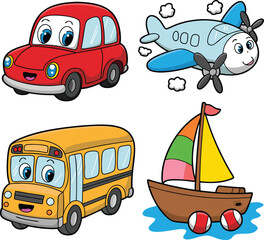 Colorful Cartoon Transportation Illustration Red Car, Blue Airplane, Yellow School Bus, and Sailboat