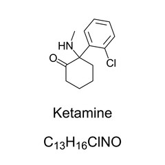Ketamine, general anesthetic, chemical formula and molecular structure. General anesthetic with analgesic and hallucinogenic properties, used medically for anesthesia, depression, and pain management.