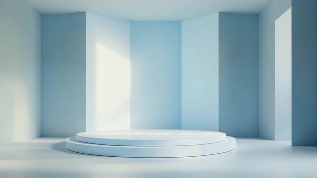 Minimalist white round podium in empty room with natural light and shadow, clean modern design creating calm serene atmosphere perfect for product display or presentation in modern space