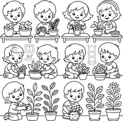Coloring Page Children Planting Flowers in Pots, Black and White Line Art Illustration
