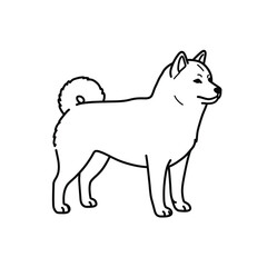 A standing dog with a fluffy tail and pointed ears in a simple line drawing style