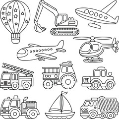 Coloring Page of Various Transportation Vehicles Airplane, Helicopter, Hot Air Balloon, Trucks, and More