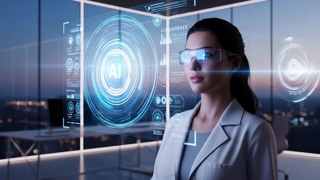 Woman wearing augmented reality glasses futuristic interface modern office innovation concept high quality professional